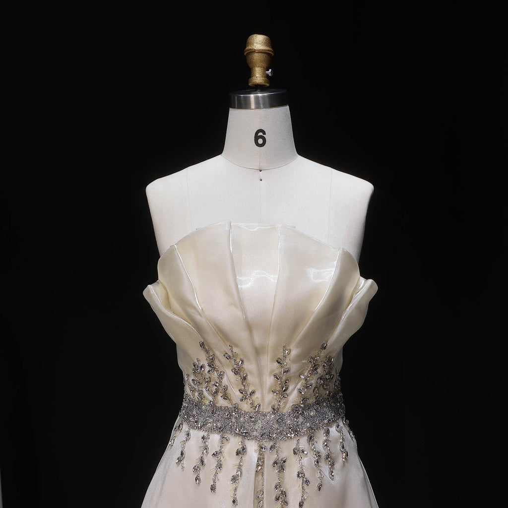 Luxury Beige Strapless Beaded A-Line Evening Dress SF509