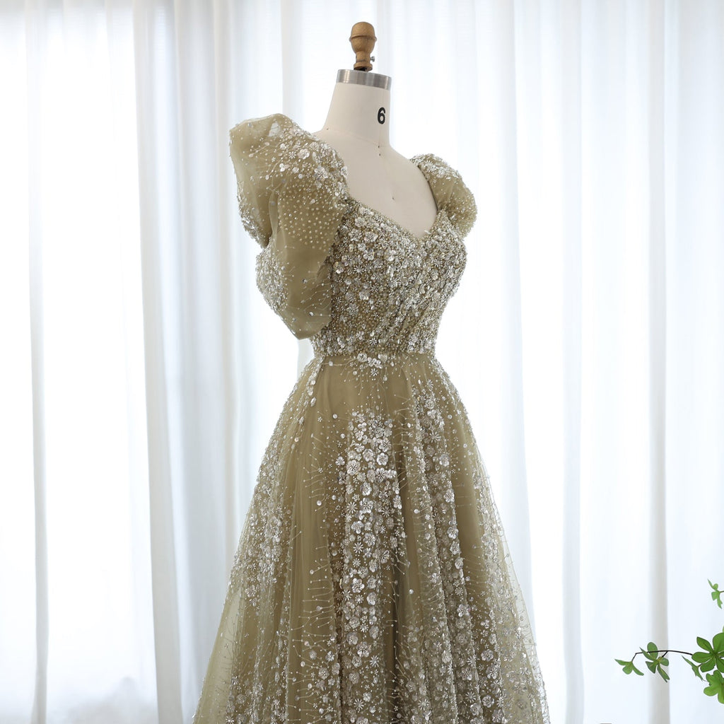Glitter Lime Green Puff Sleeve Evening Dress SS155