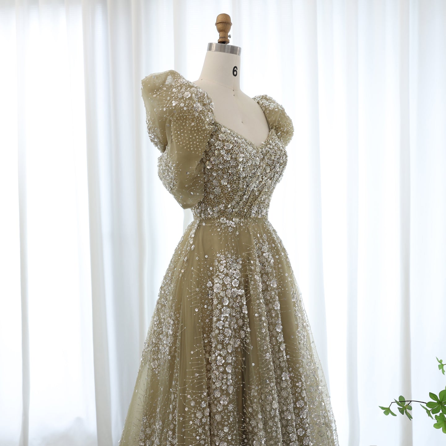 Glitter Lime Green Puff Sleeve Evening Dress SS155