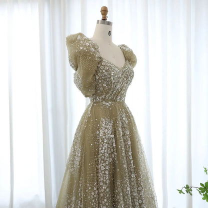 Glitter Lime Green Puffle Sleeve Evening Dress SS155