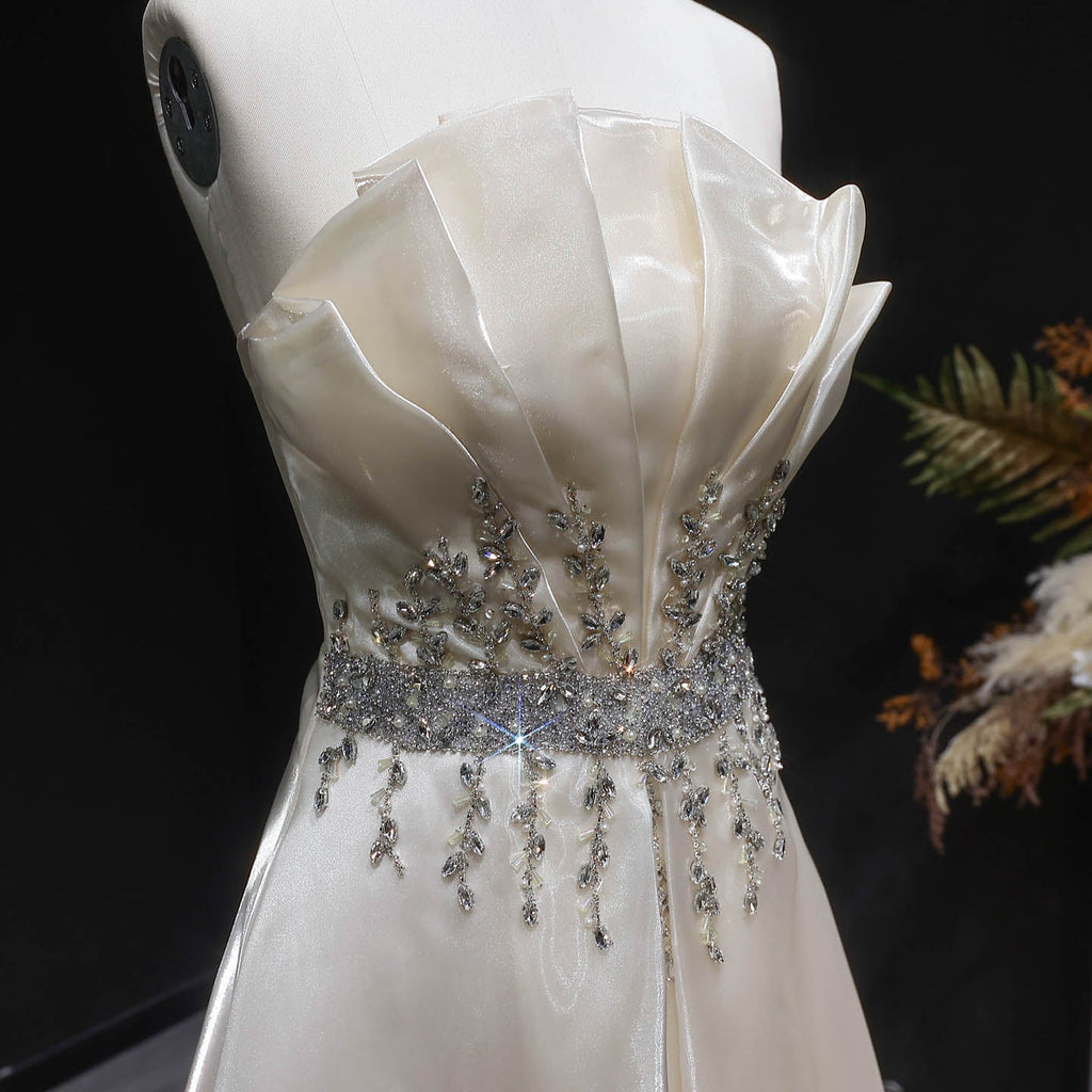 Luxury Beige Strapless Beaded A-Line Evening Dress SF509