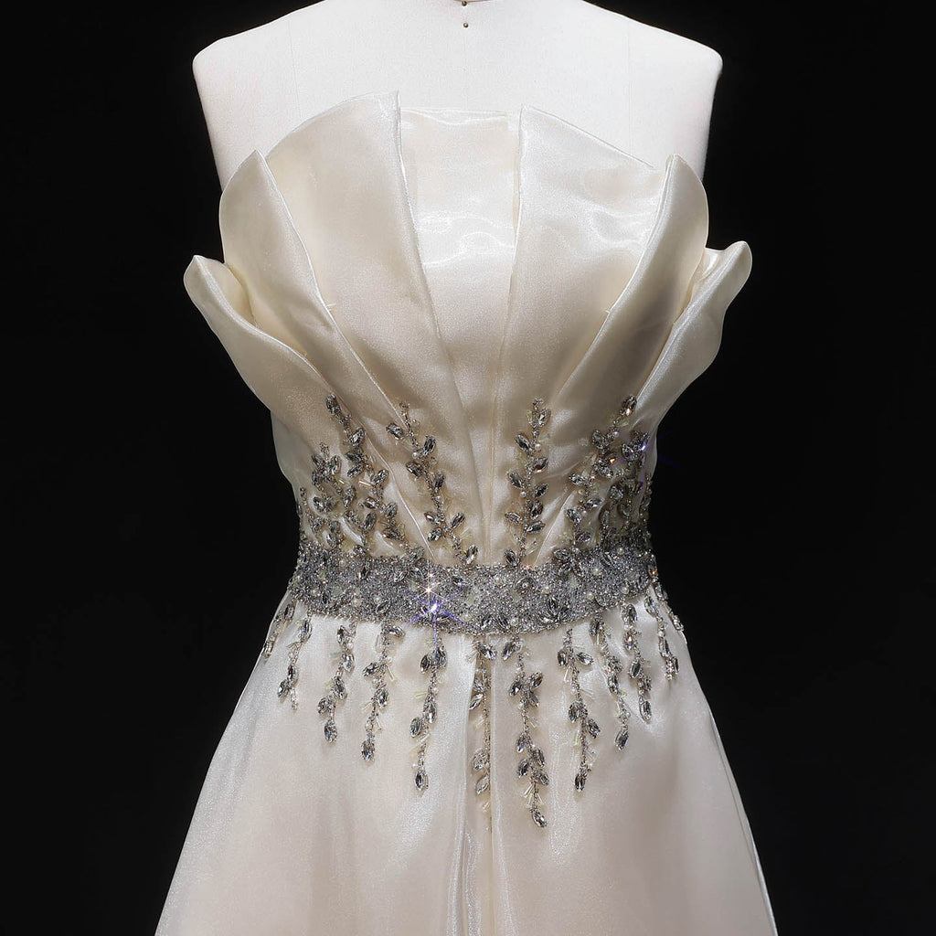 Luxury Beige Strapless Beaded A-Line Evening Dress SF509