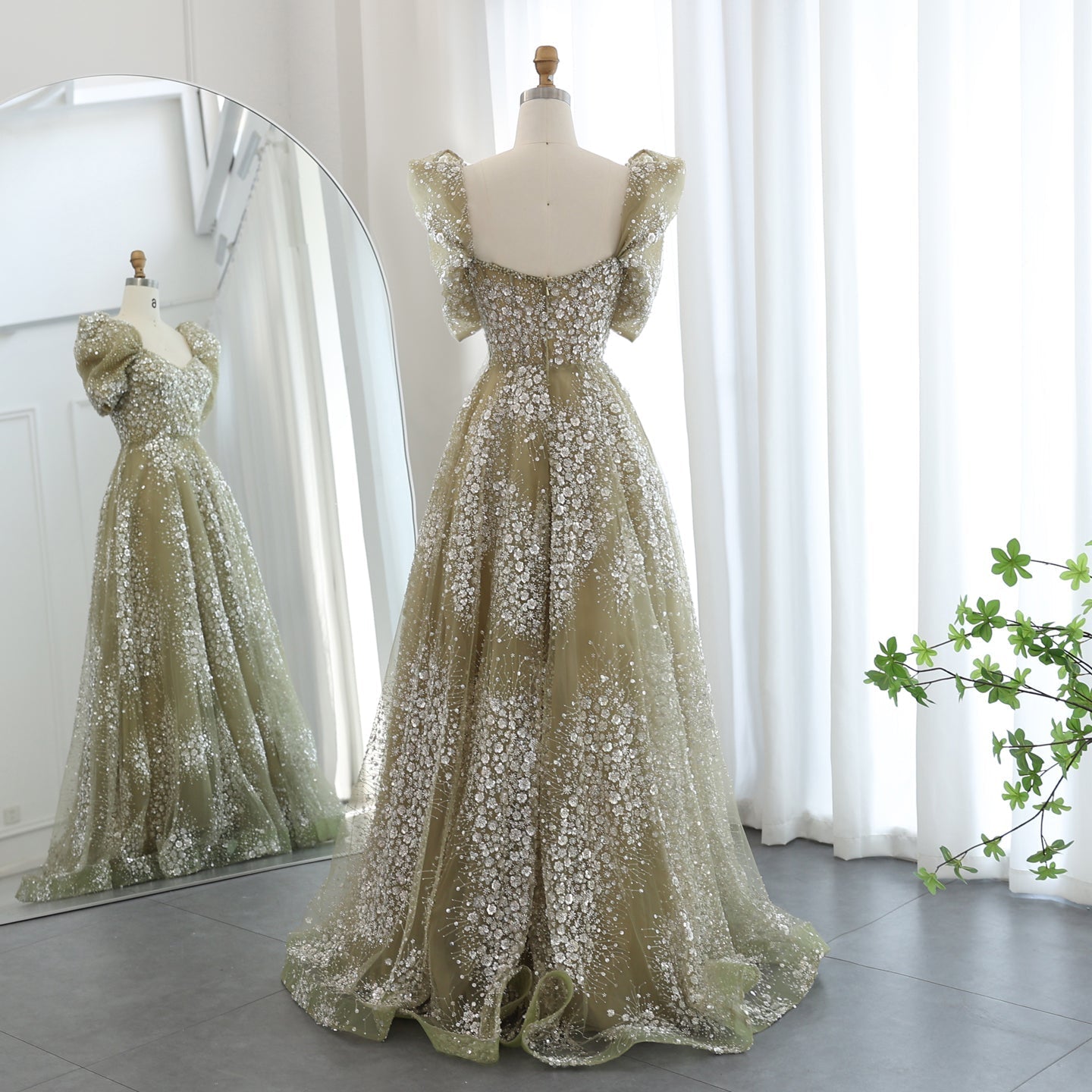 Glitter Lime Green Puff Sleeve Evening Dress SS155