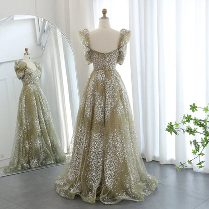 Glitter Lime Green Puffle Sleeve Evening Dress SS155