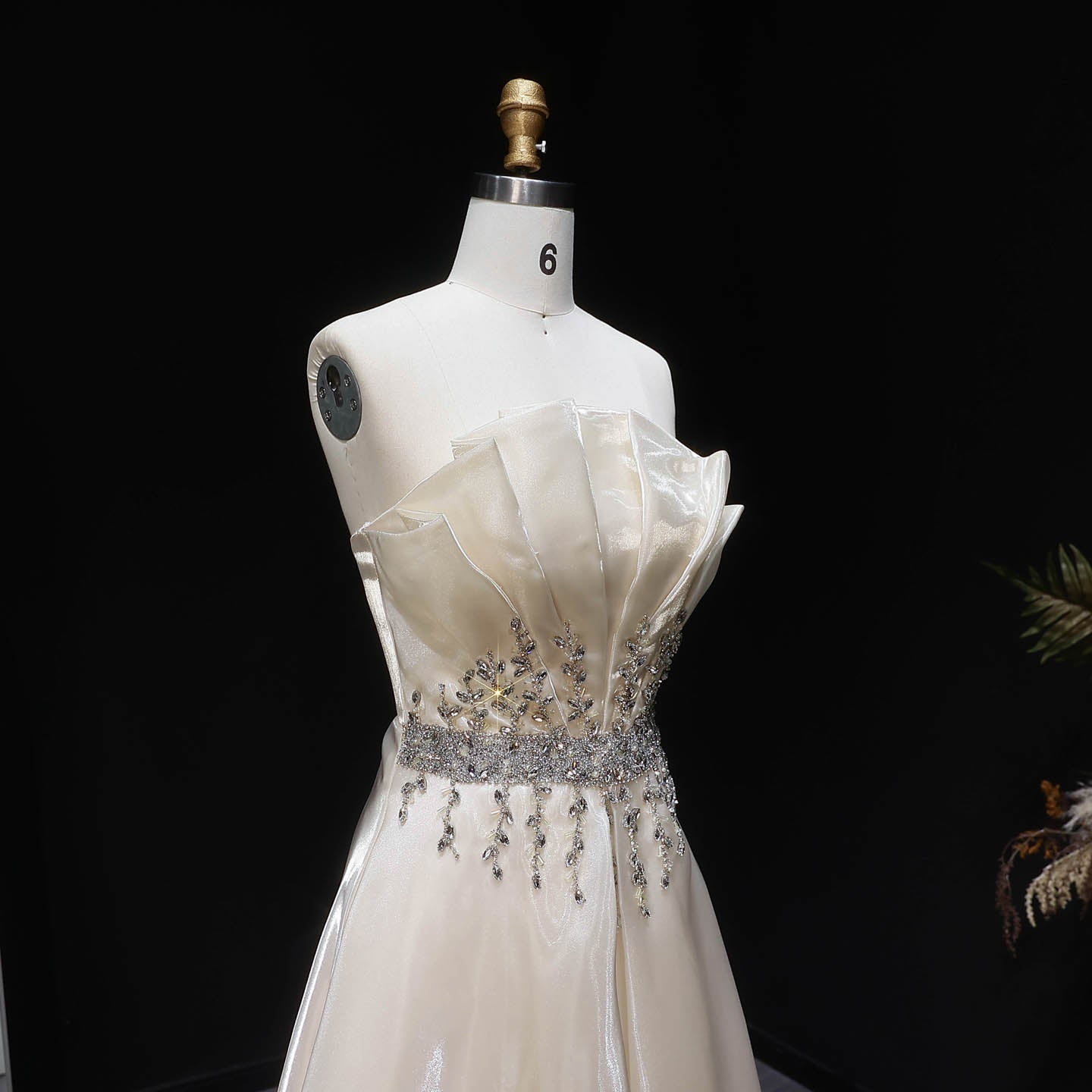 Luxury Beige Strapless Beaded A-Line Evening Dress SF509