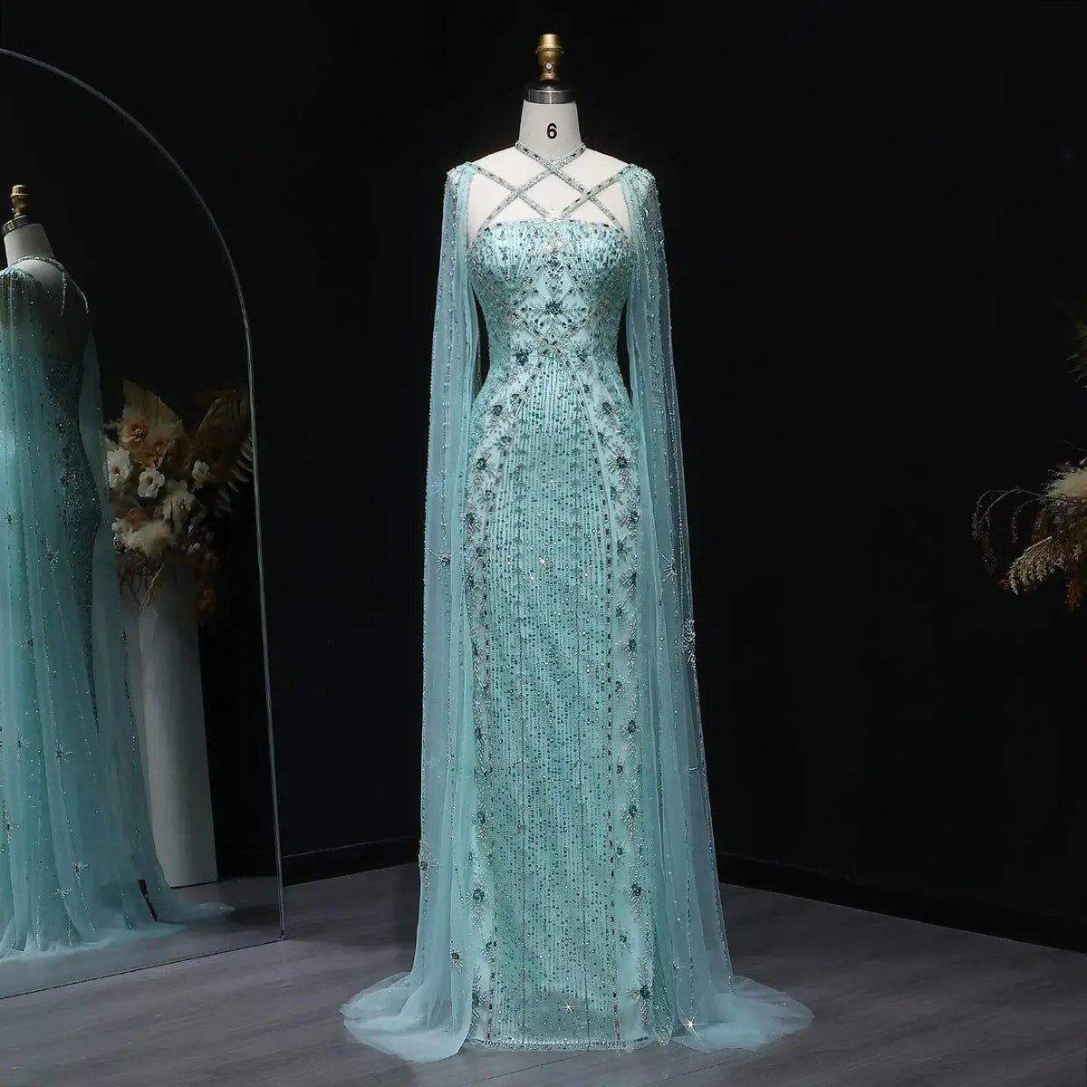 Luxury Aqua Crisscross Evening Dress with Cape Sleeves SS391