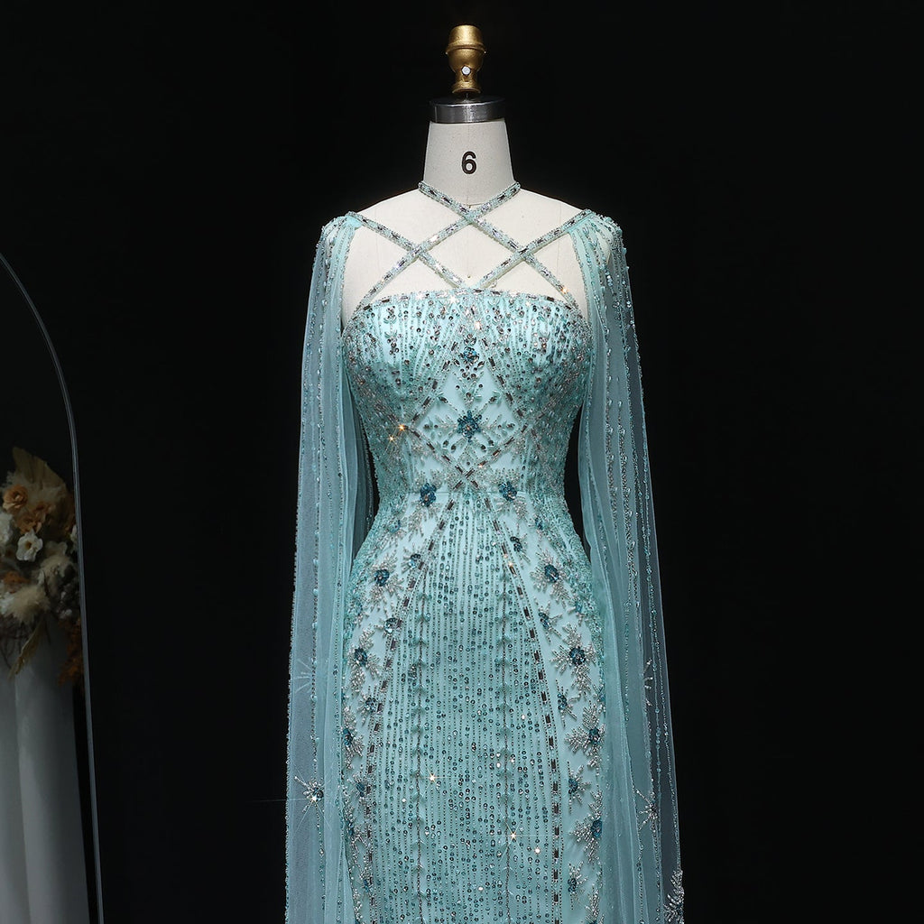 Luxury Champagne Mermaid Evening Dress with Cape Sleeves SS391