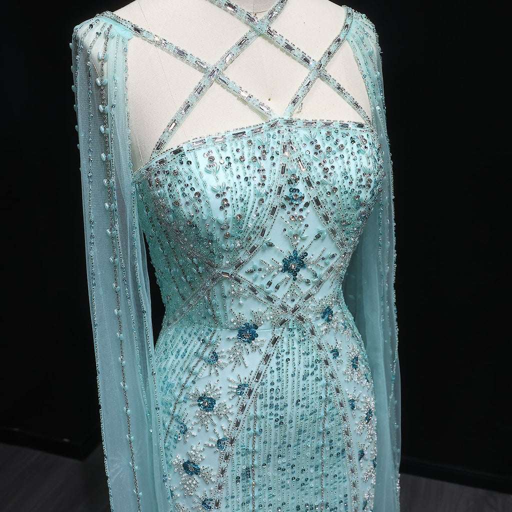 Luxury Champagne Mermaid Evening Dress with Cape Sleeves SS391