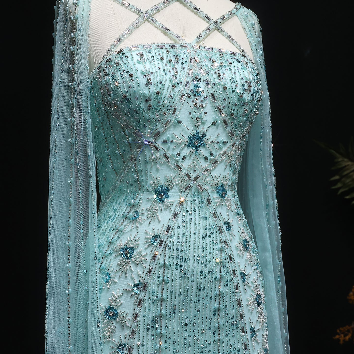 Luxury Champagne Mermaid Evening Dress with Cape Sleeves SS391