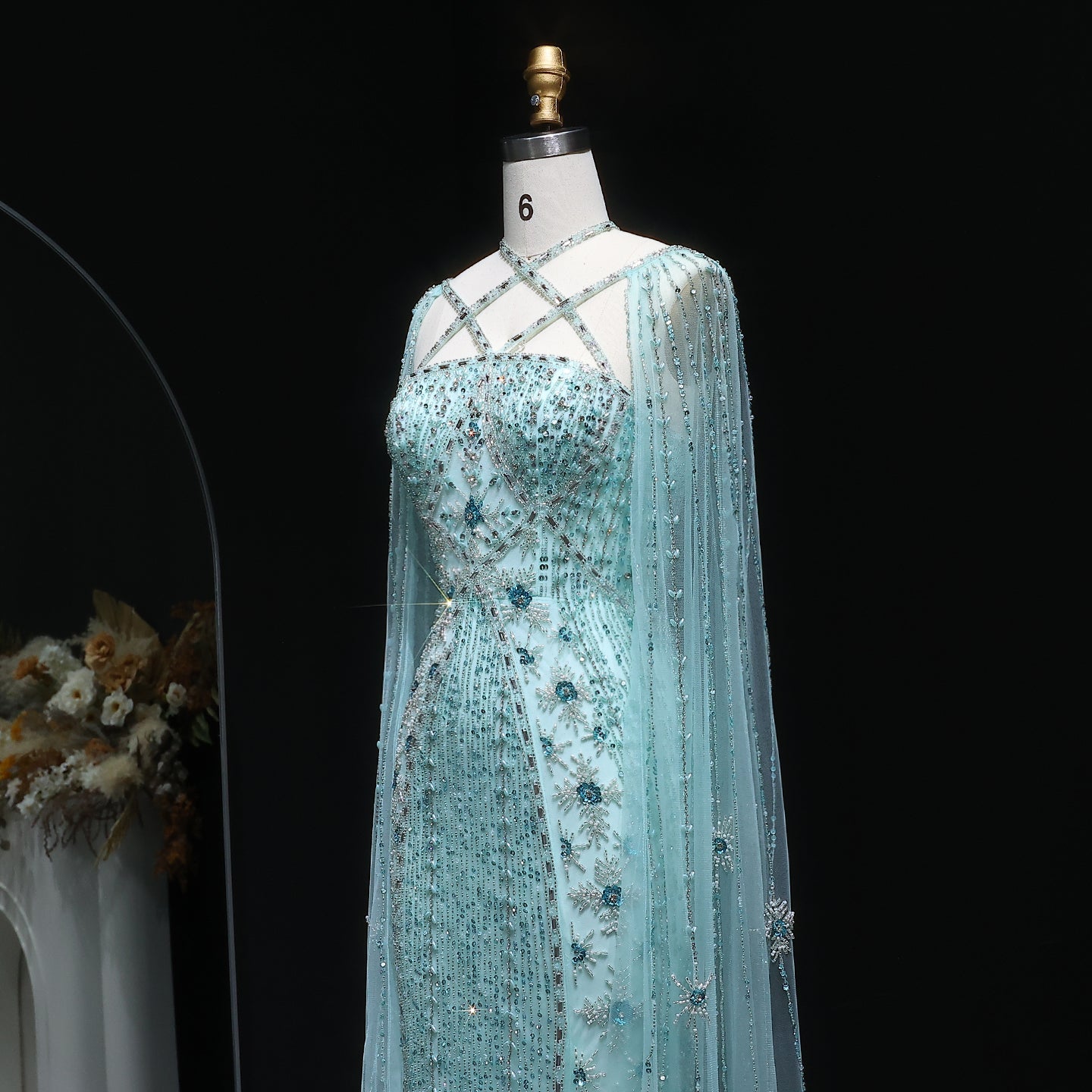 Luxury Champagne Mermaid Evening Dress with Cape Sleeves SS391