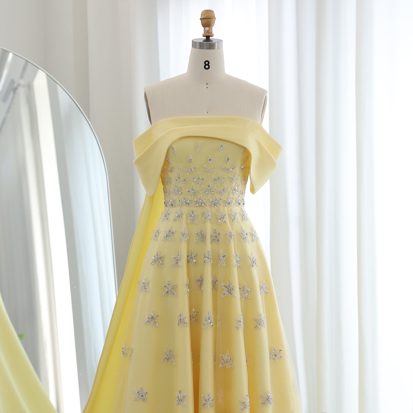 Elegant Beaded Yellow Satin Evening Dress with Cape SS455