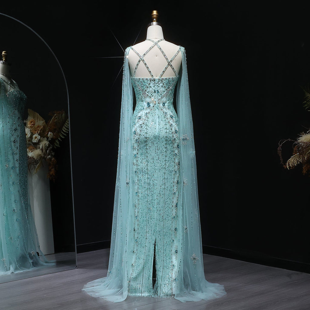 Luxury Champagne Mermaid Evening Dress with Cape Sleeves SS391