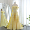 Elegant Beaded Yellow Satin Evening Dress with Cape SS455