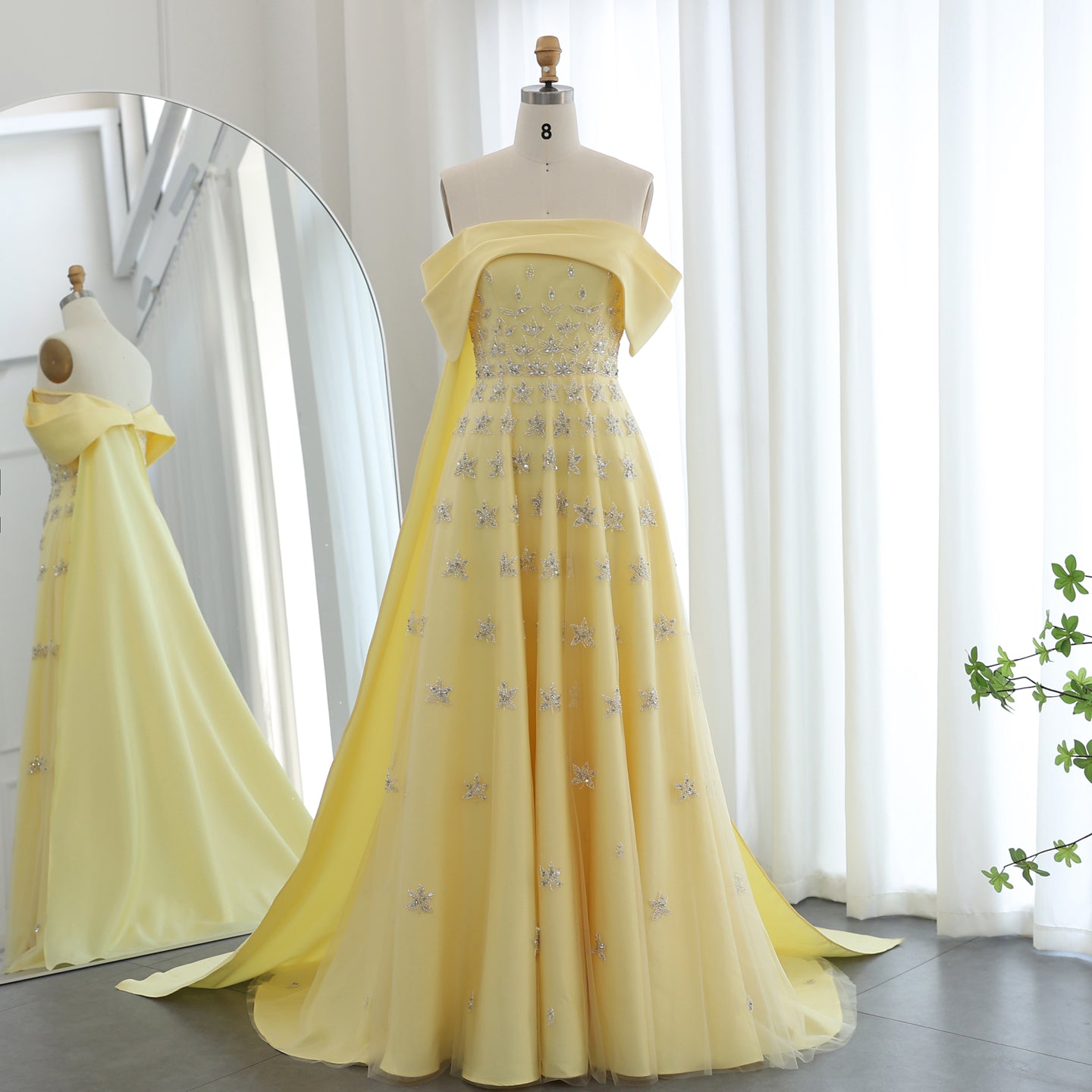 Elegant Beaded Yellow Satin Evening Dress with Cape SS455