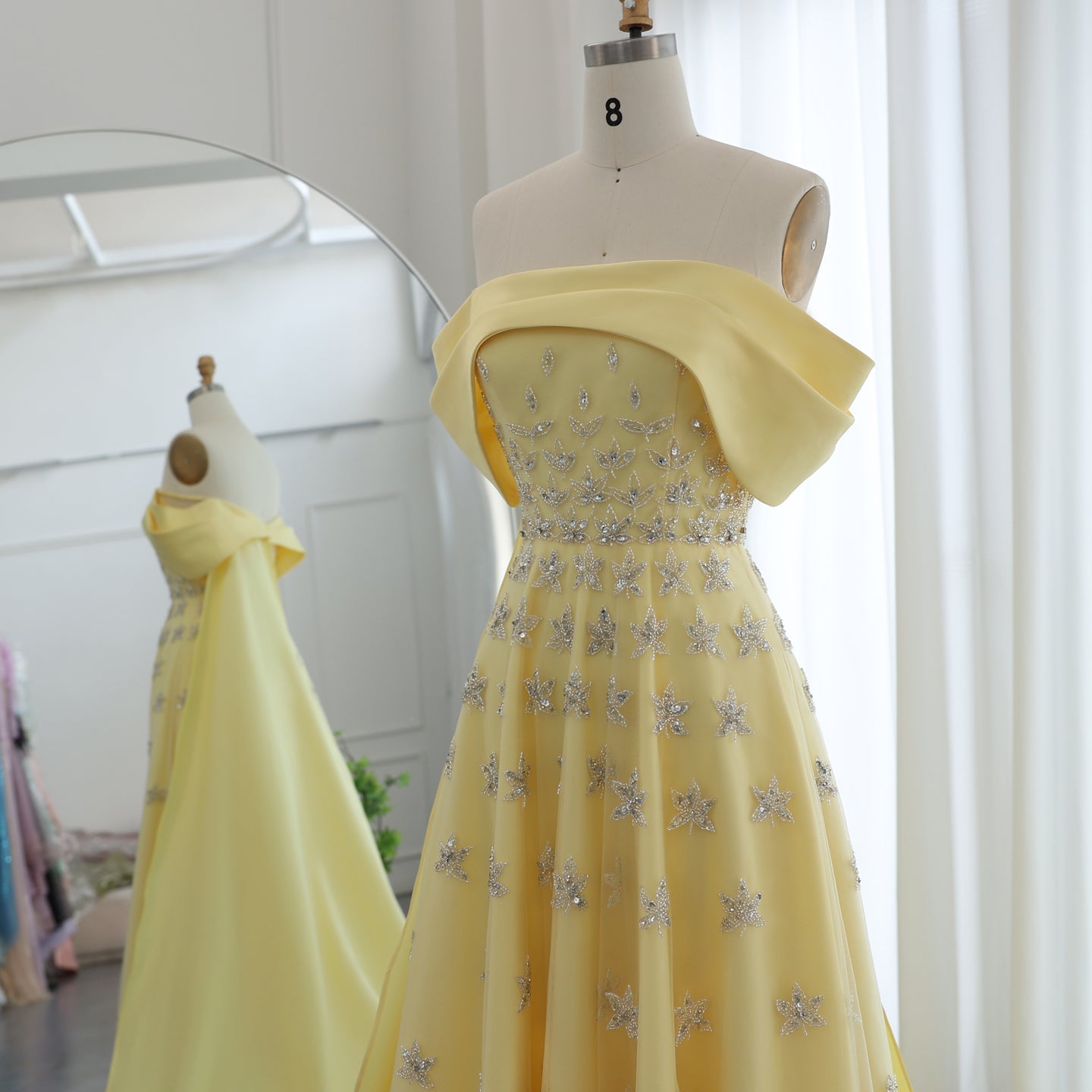 Elegant Beaded Yellow Satin Evening Dress with Cape SS455