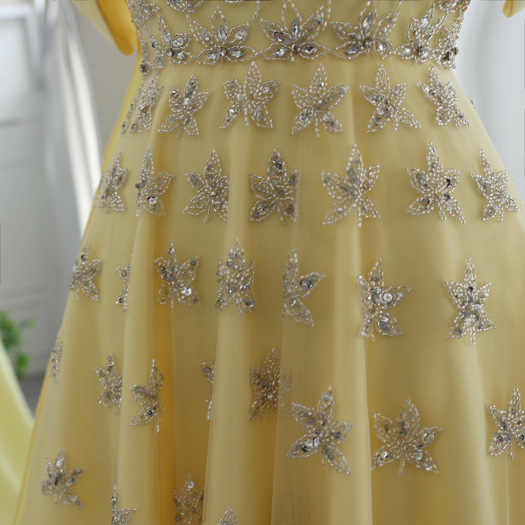 Elegant Beaded Yellow Satin Evening Dress with Cape SS455