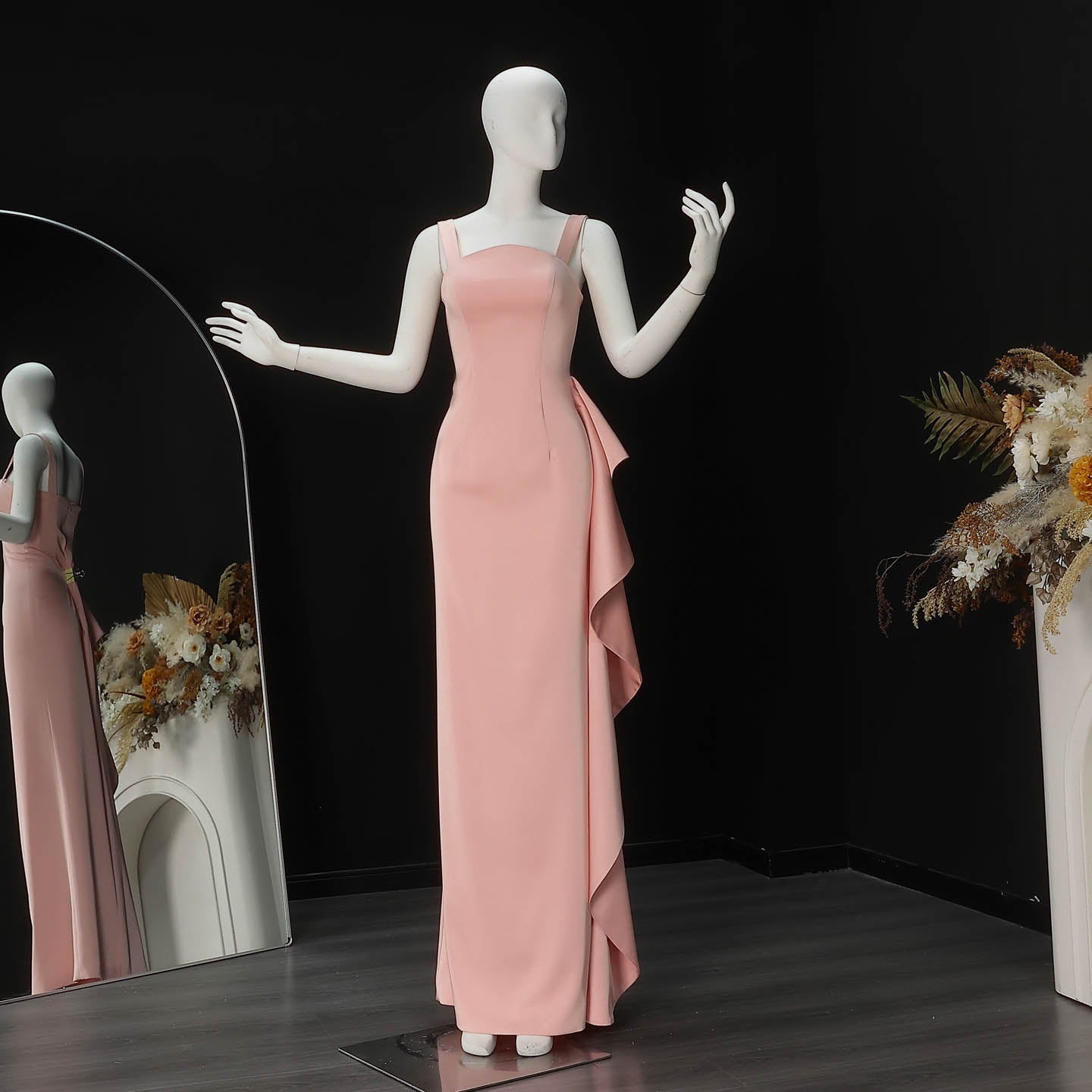 Elegant Pink Square Neck Satin Evening Dress with Side Ruffle SF041