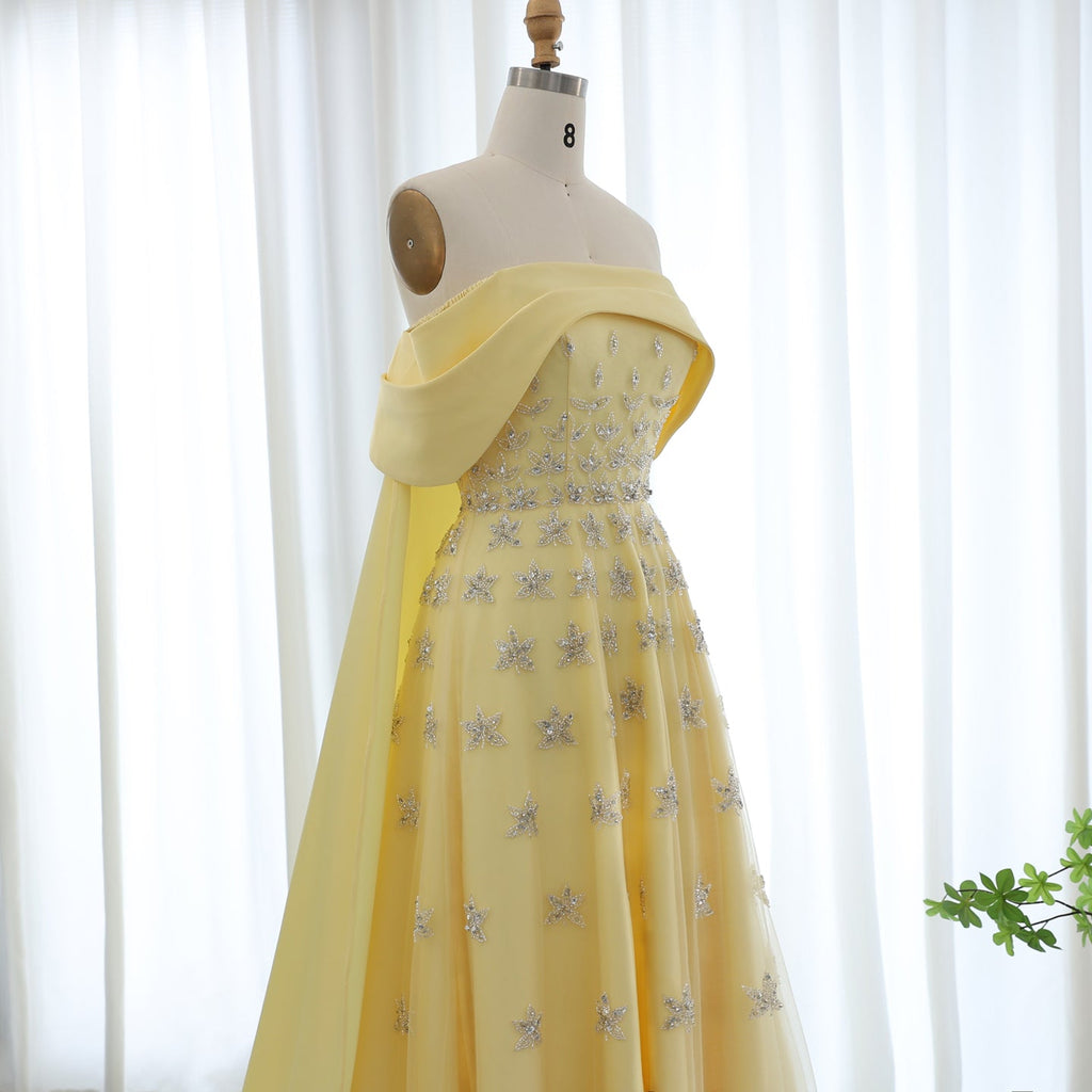 Elegant Beaded Yellow Satin Evening Dress with Cape SS455