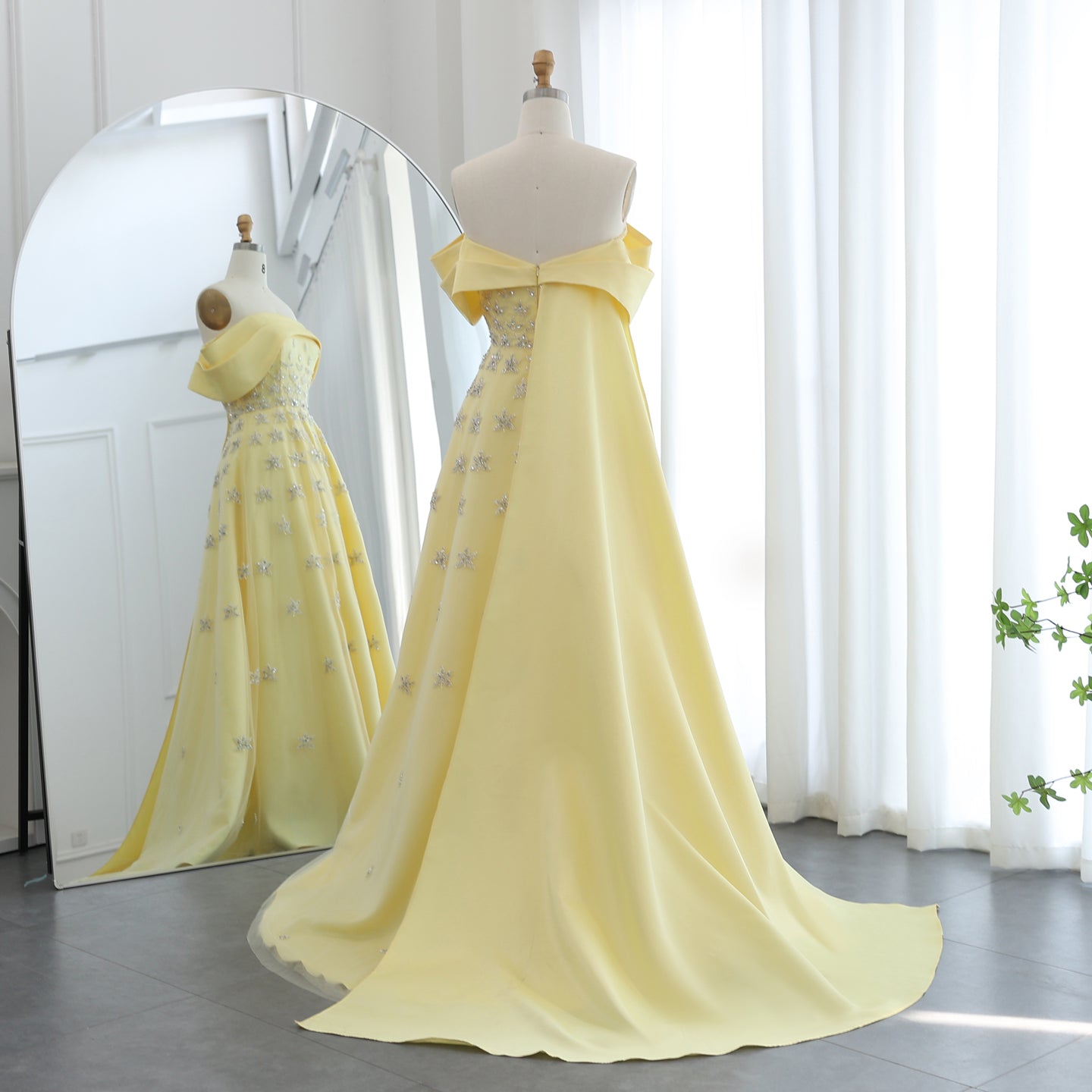 Elegant Beaded Yellow Satin Evening Dress with Cape SS455