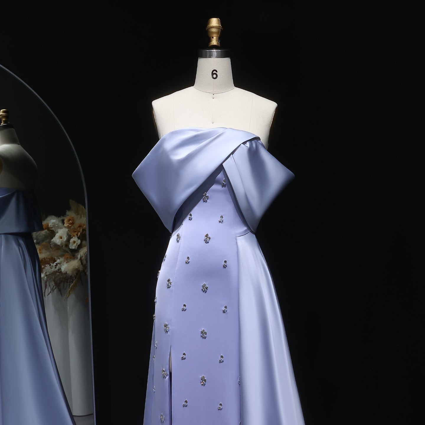 Luxury Blue Beaded High-Slit Evening Dress with Overskirt SF301