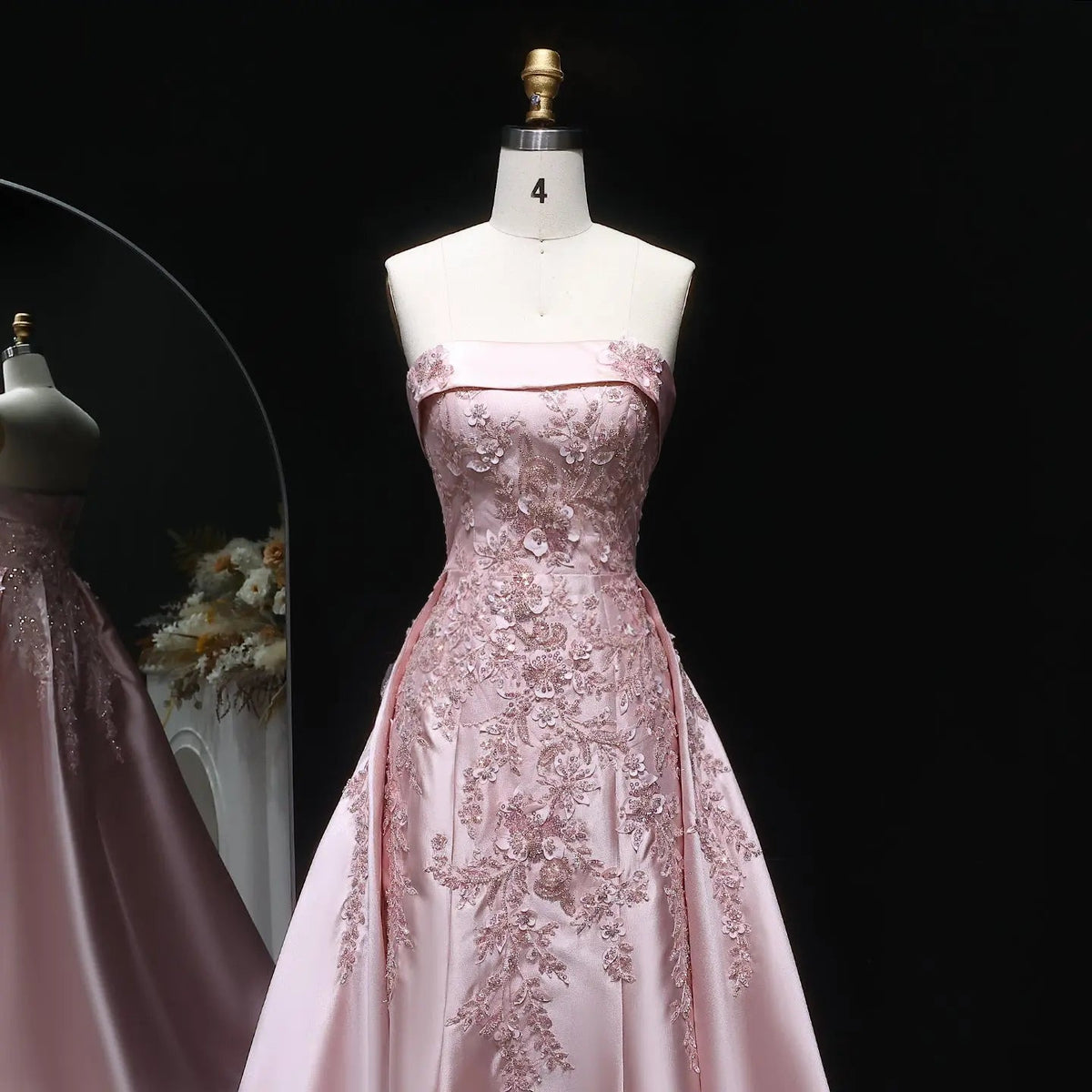 Luxury Pink 3D Floral Beaded Sequin Strapless Evening Dress with Overskirt XD067