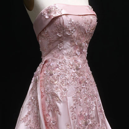 Luxury Pink 3D Floral Beaded Sequin Strapless Evening Dress with Overskirt XD067