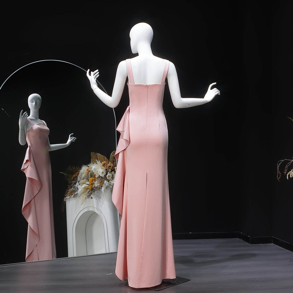 Elegant Pink Square Neck Satin Evening Dress with Side Ruffle SF041