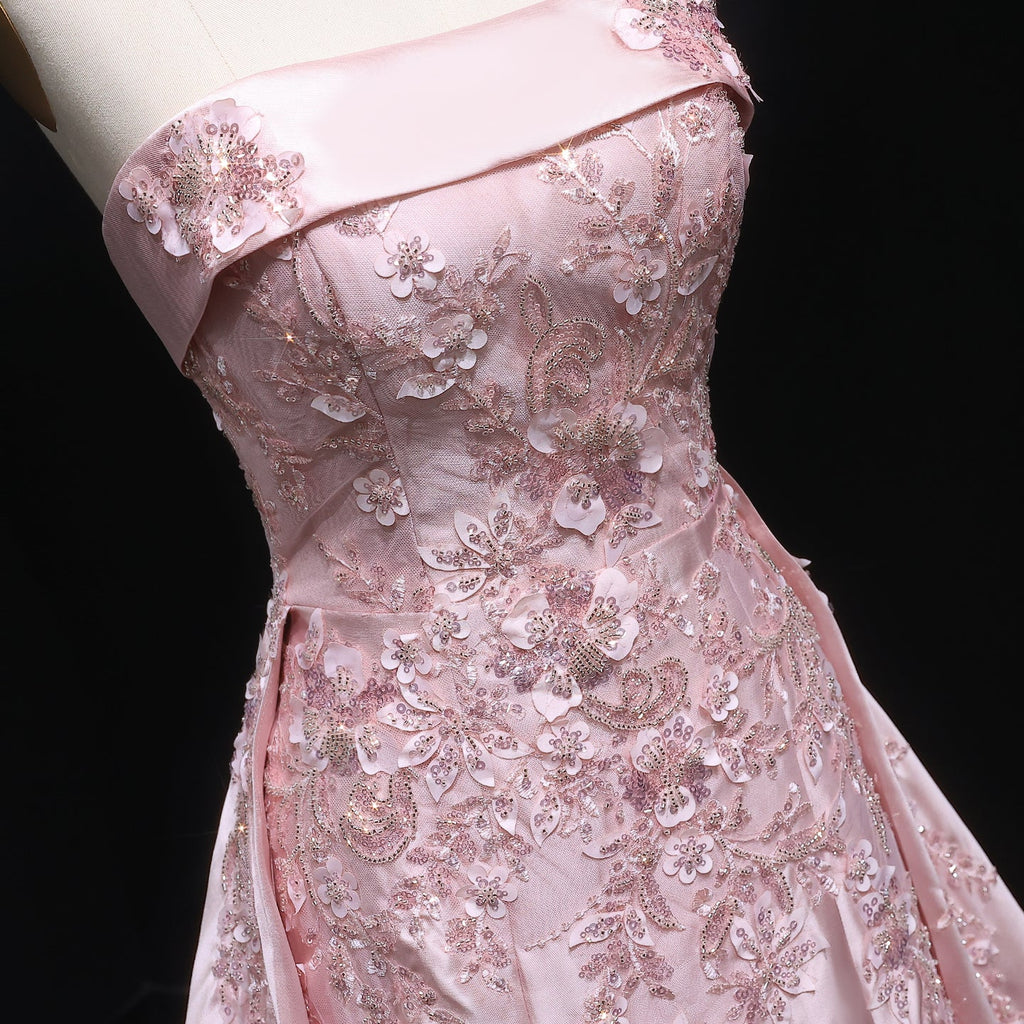Luxury Strapless Pink 3D Floral Beaded Sequin Evening Dress with Overskirt XD067
