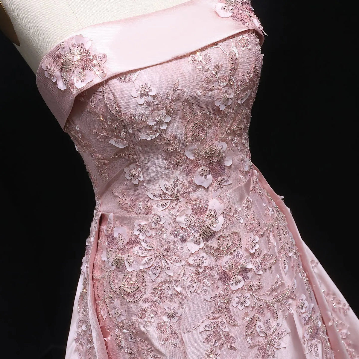 Luxury Pink 3D Floral Beaded Sequin Strapless Evening Dress with Overskirt XD067