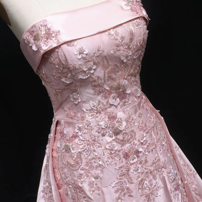 Luxury Pink 3D Floral Beaded Sequin Strapless Evening Dress with Overskirt XD067