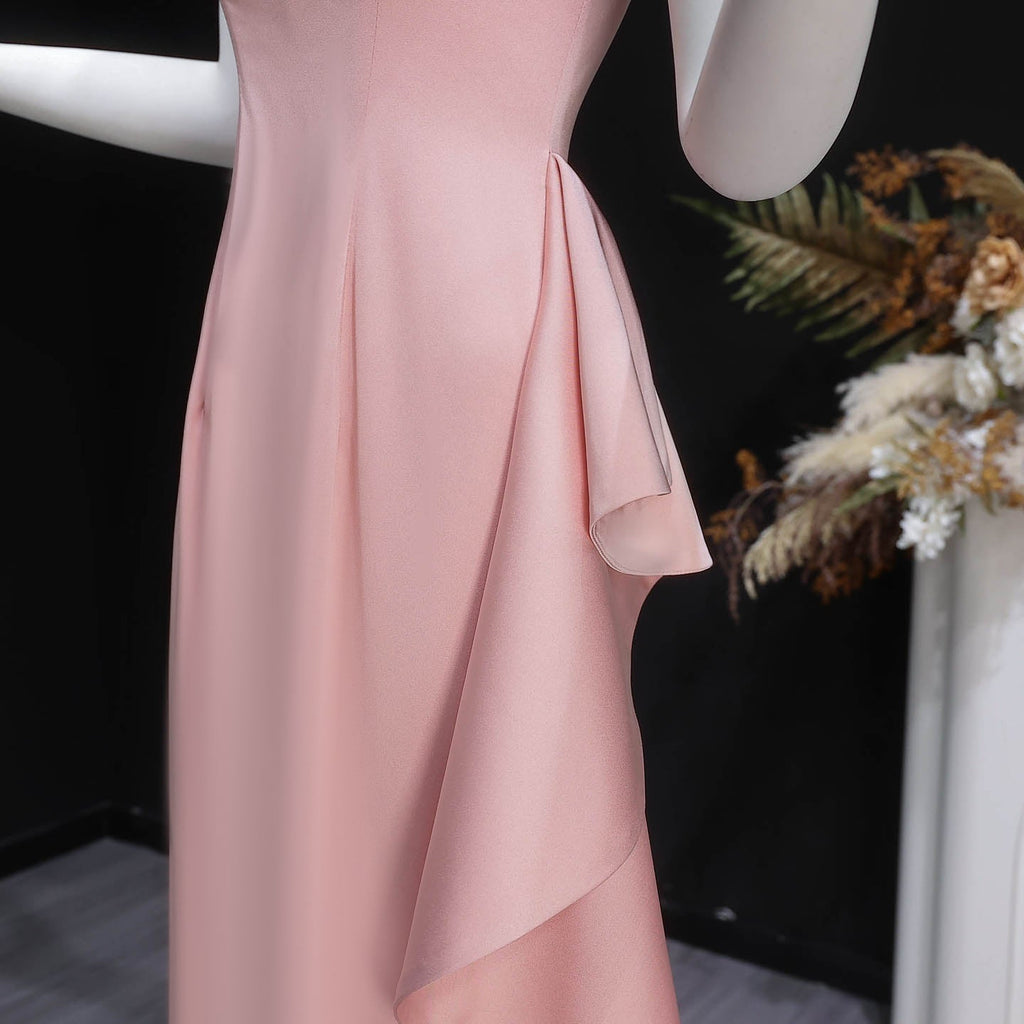 Elegant Pink Square Neck Satin Evening Dress with Side Ruffle SF041