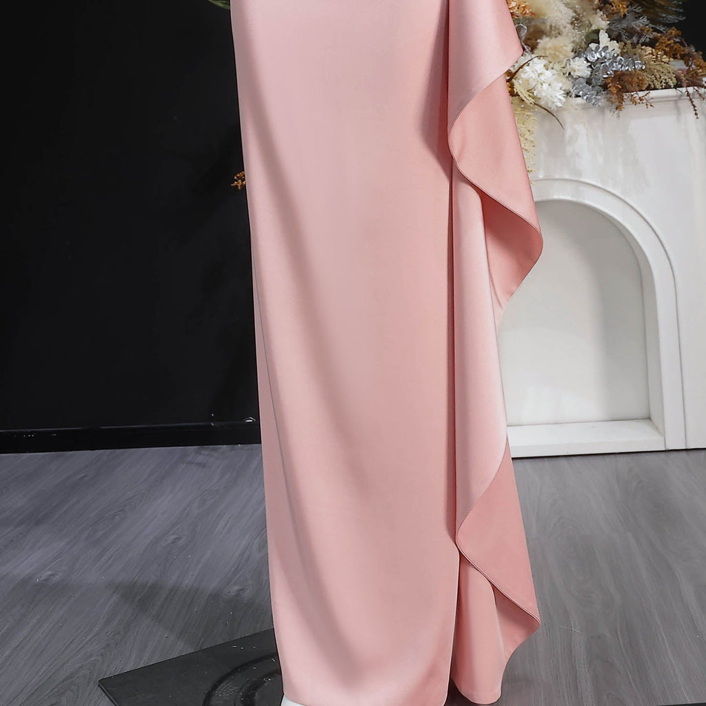 Elegant Pink Square Neck Satin Evening Dress with Side Ruffle SF041
