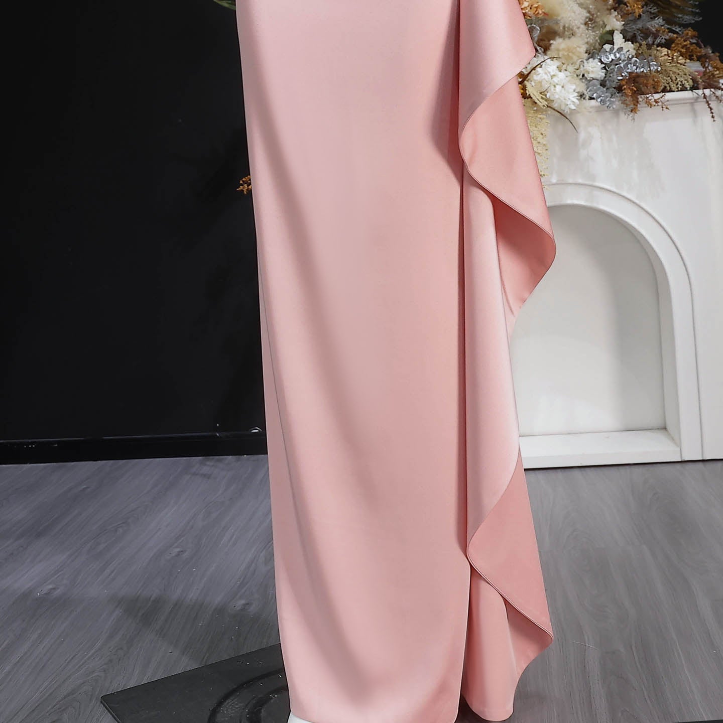 Elegant Pink Square Neck Satin Evening Dress with Side Ruffle SF041