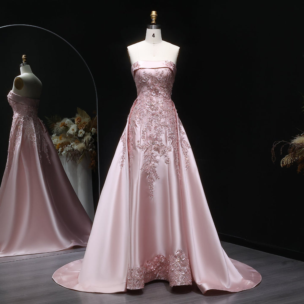 Luxury Strapless Pink 3D Floral Beaded Sequin Evening Dress with Overskirt XD067