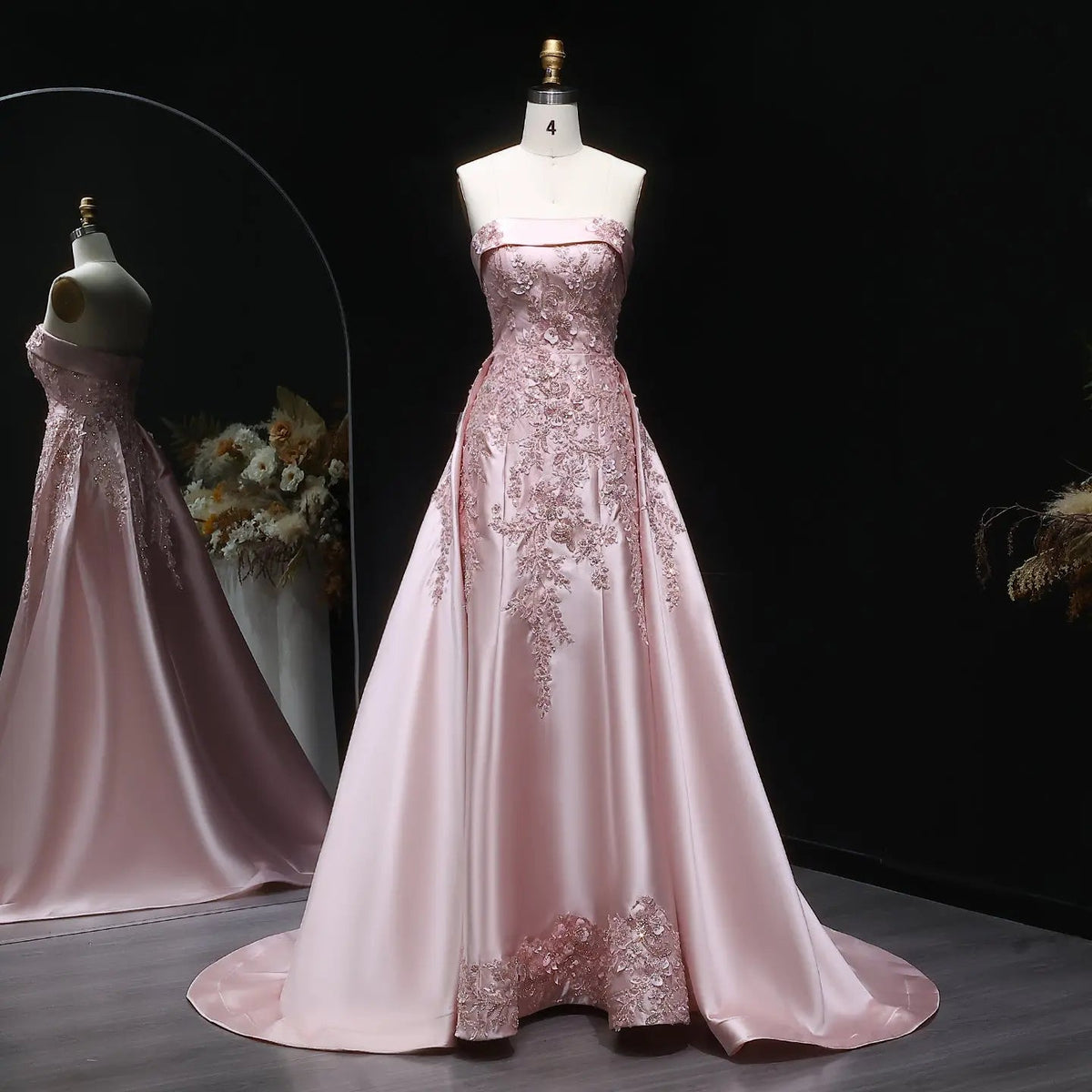 Luxury Pink 3D Floral Beaded Sequin Strapless Evening Dress with Overskirt XD067