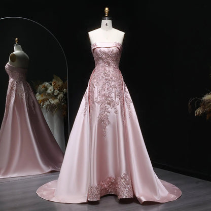 Luxury Pink 3D Floral Beaded Sequin Strapless Evening Dress with Overskirt XD067
