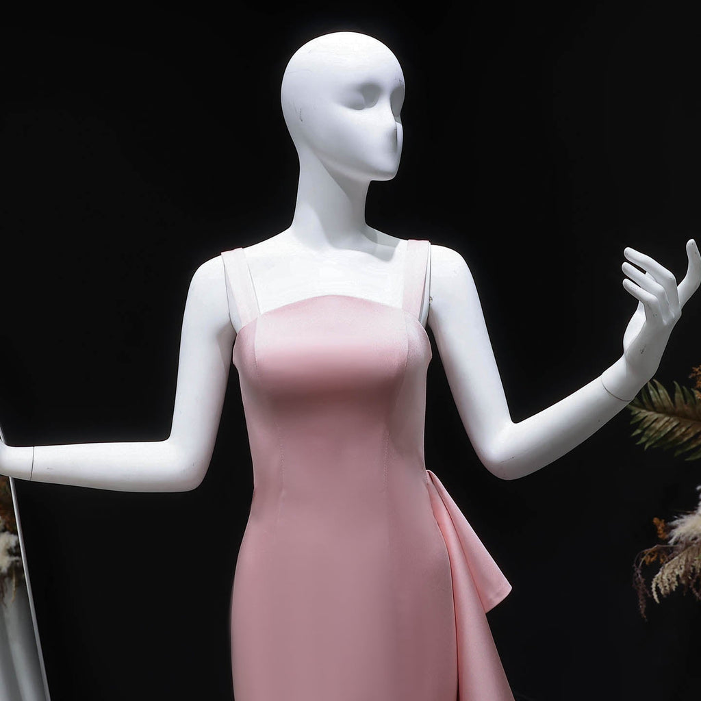 Elegant Pink Square Neck Satin Evening Dress with Side Ruffle SF041