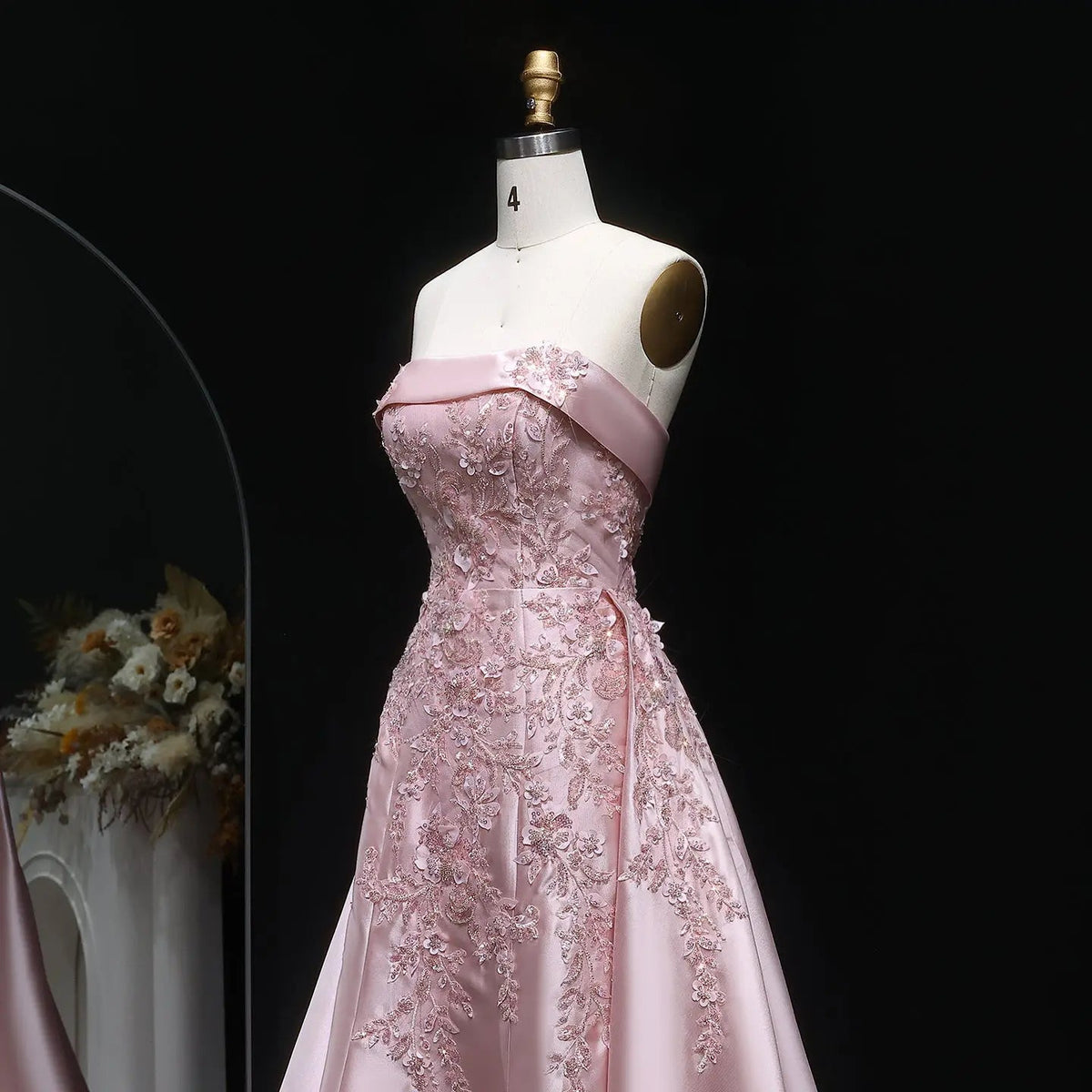 Luxury Pink 3D Floral Beaded Sequin Strapless Evening Dress with Overskirt XD067