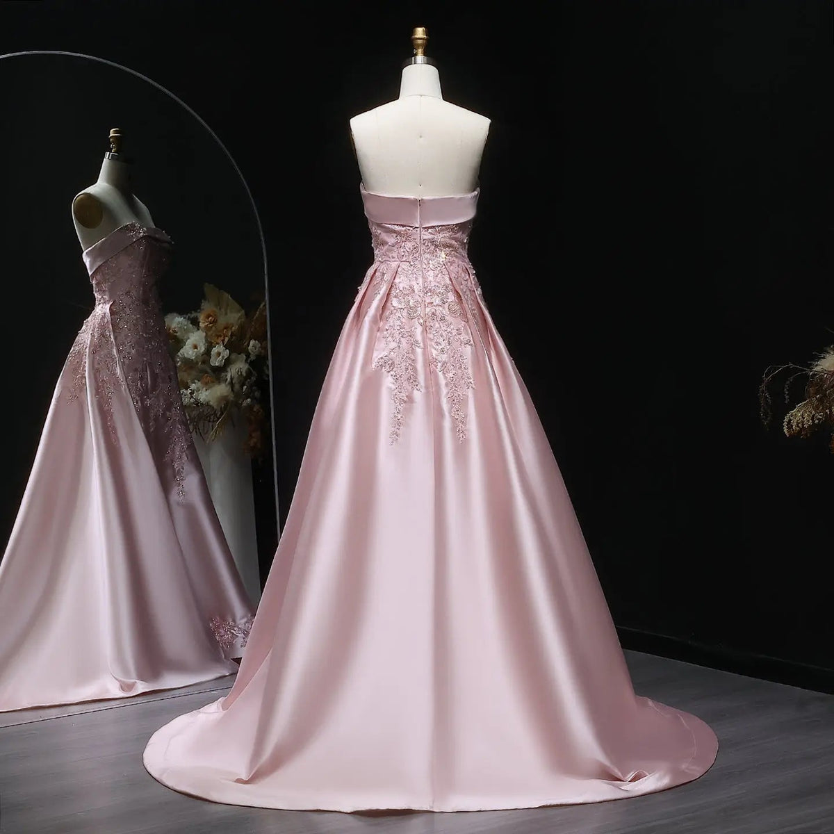 Luxury Pink 3D Floral Beaded Sequin Strapless Evening Dress with Overskirt XD067