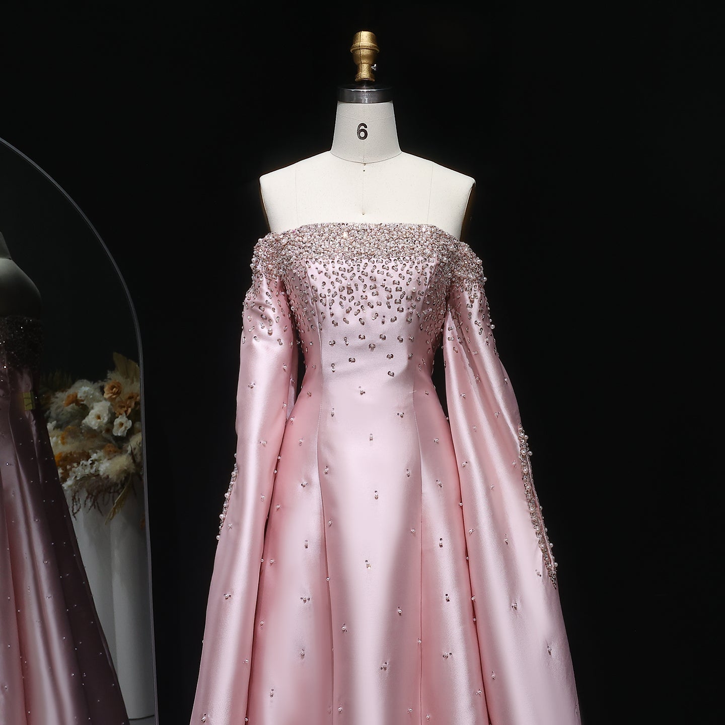 Luxury Beaded Gray Evening Dress with Cape Sleeve SS575