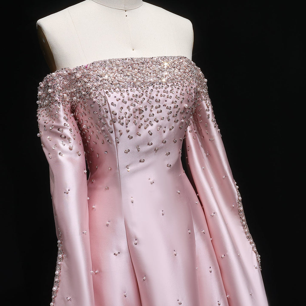 Luxury Beaded Gray Evening Dress with Cape Sleeve SS575