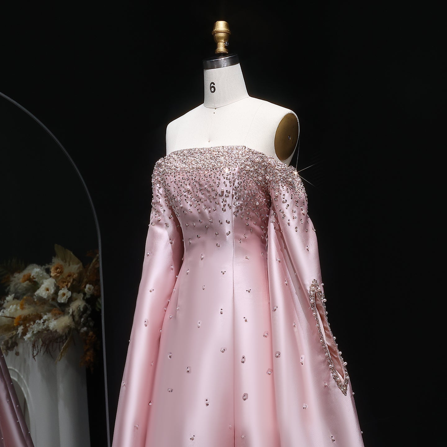 Luxury Beaded Gray Evening Dress with Cape Sleeve SS575