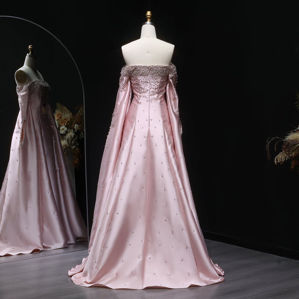 Luxury Beaded Gray Evening Dress with Cape Sleeve SS575