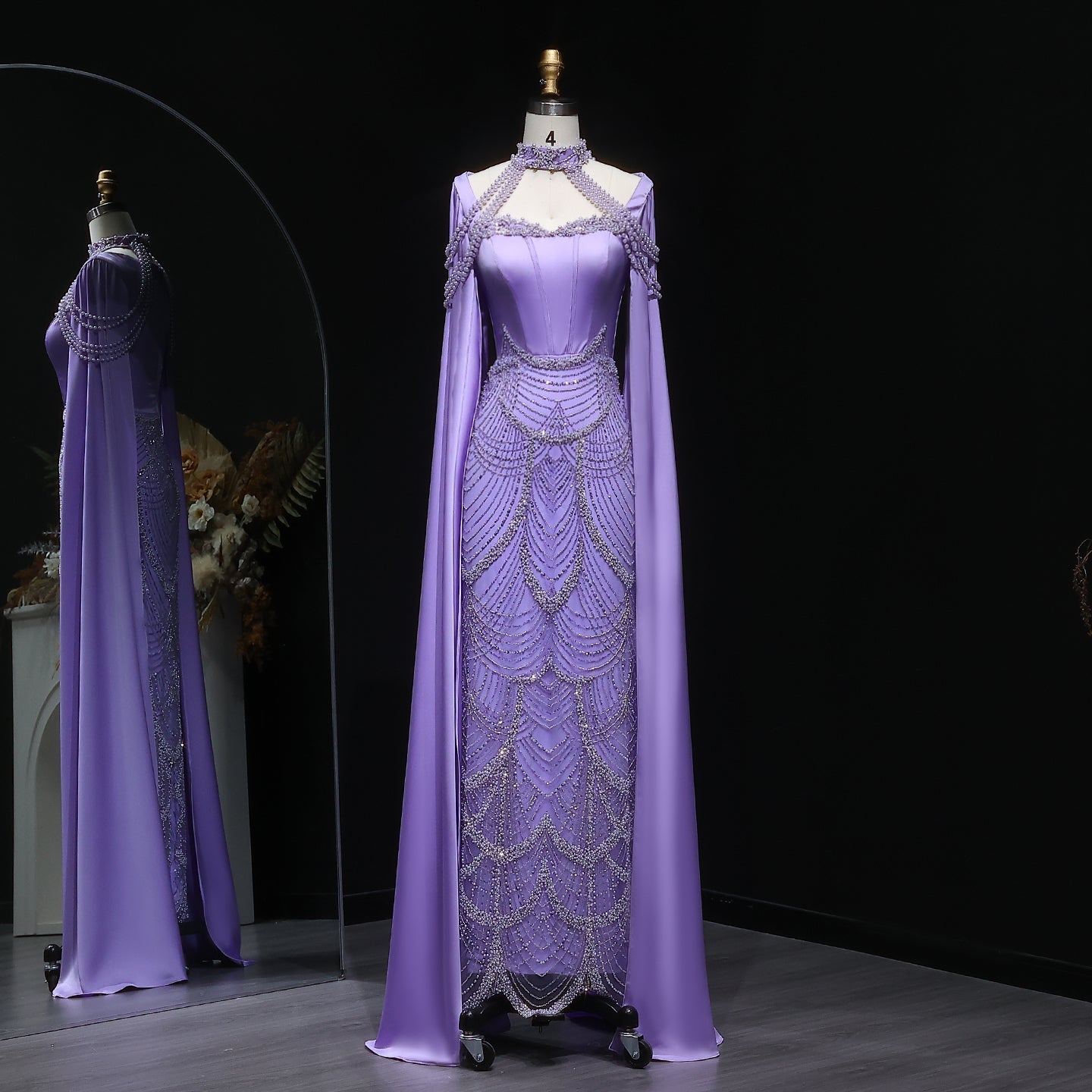 Luxury Pink Beaded Evening Dress with Cape Sleeves SS662