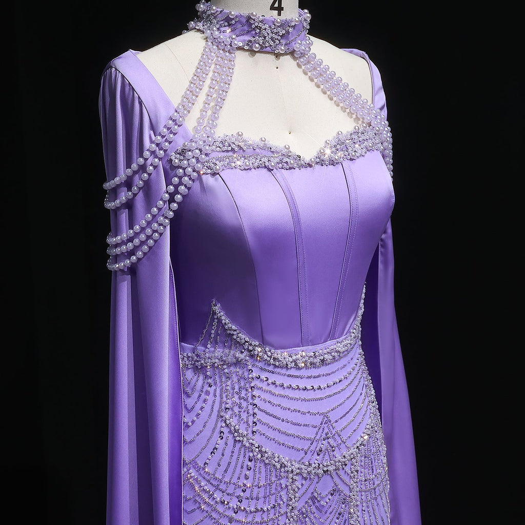 Luxury Pink Beaded Evening Dress with Cape Sleeves SS662