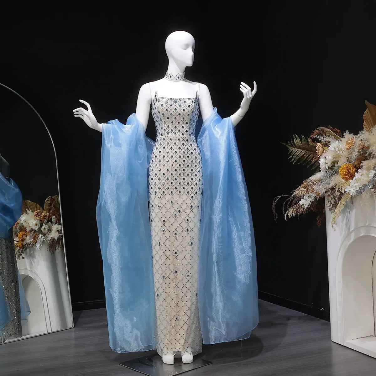 Luxury Blue Beaded Mermaid Evening Dress with Cape Sleeve and Choker SS506