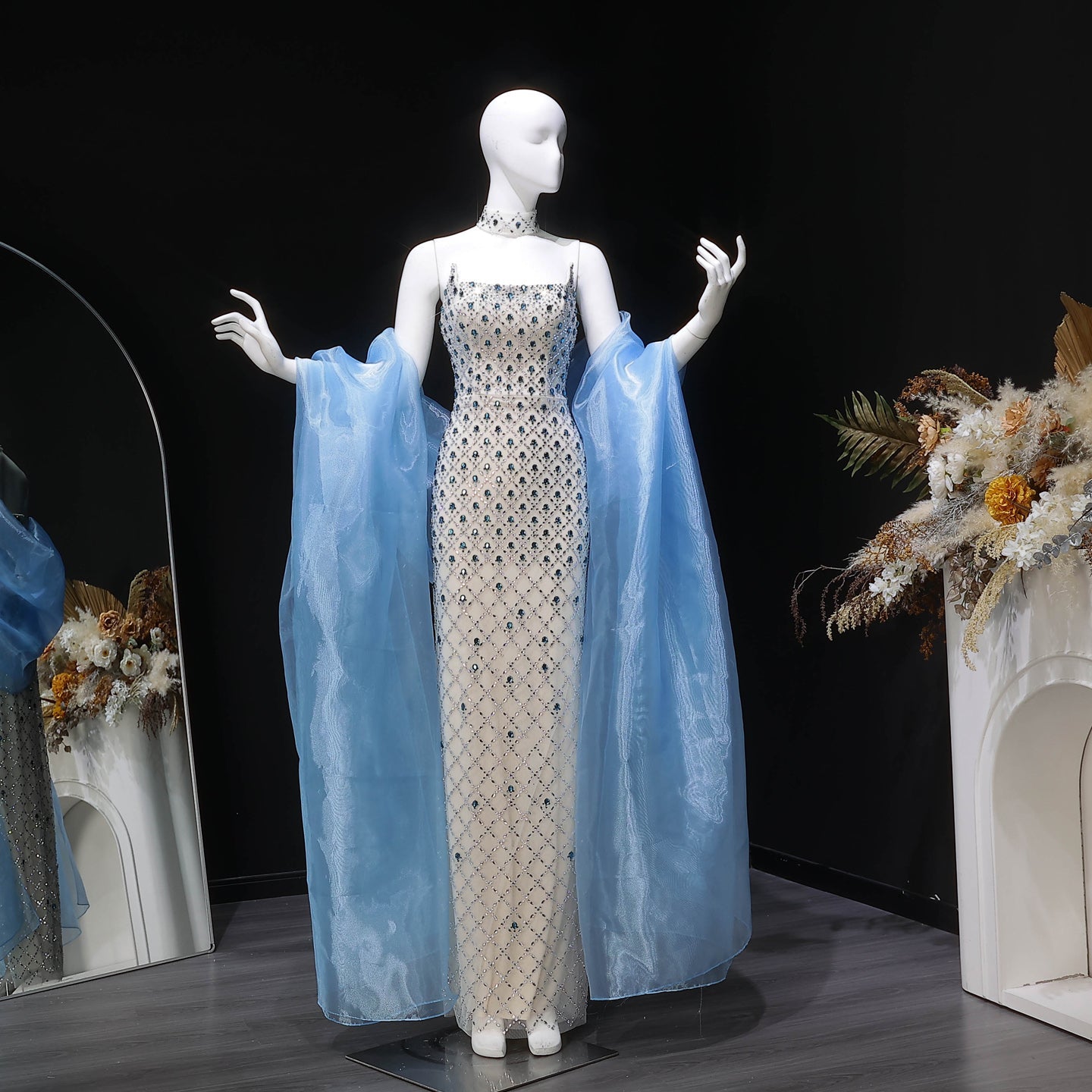 Glamorous Blue Mermaid Beaded Evening Dress with Cape Sleeve and Choker SS506