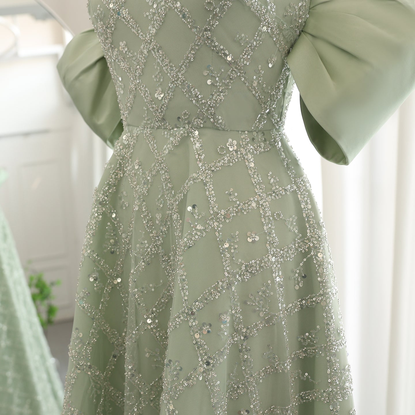 Elegant Sequin Sage Green A-line Strapless Evening Dresses SS427
