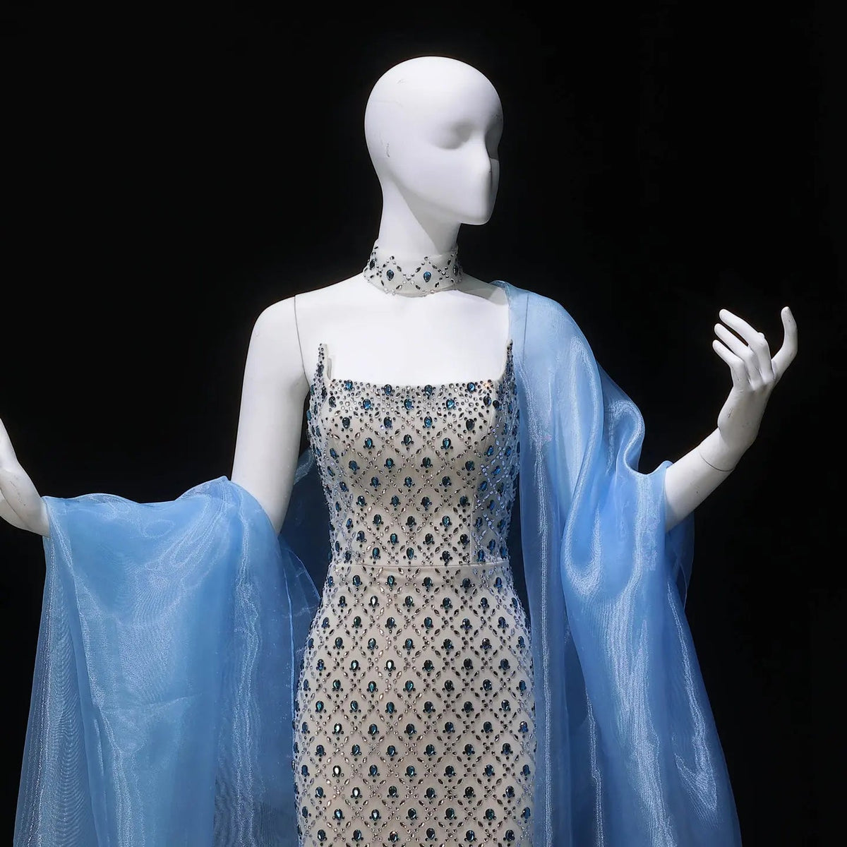 Luxury Blue Beaded Mermaid Evening Dress with Cape Sleeve and Choker SS506