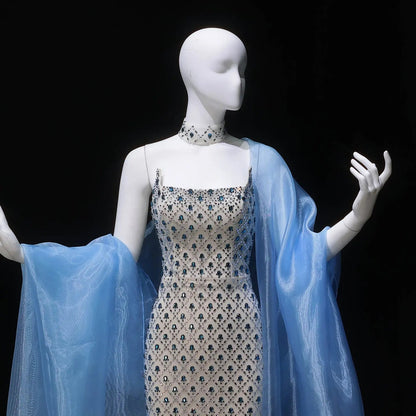 Luxury Blue Beaded Mermaid Evening Dress with Cape Sleeve and Choker SS506